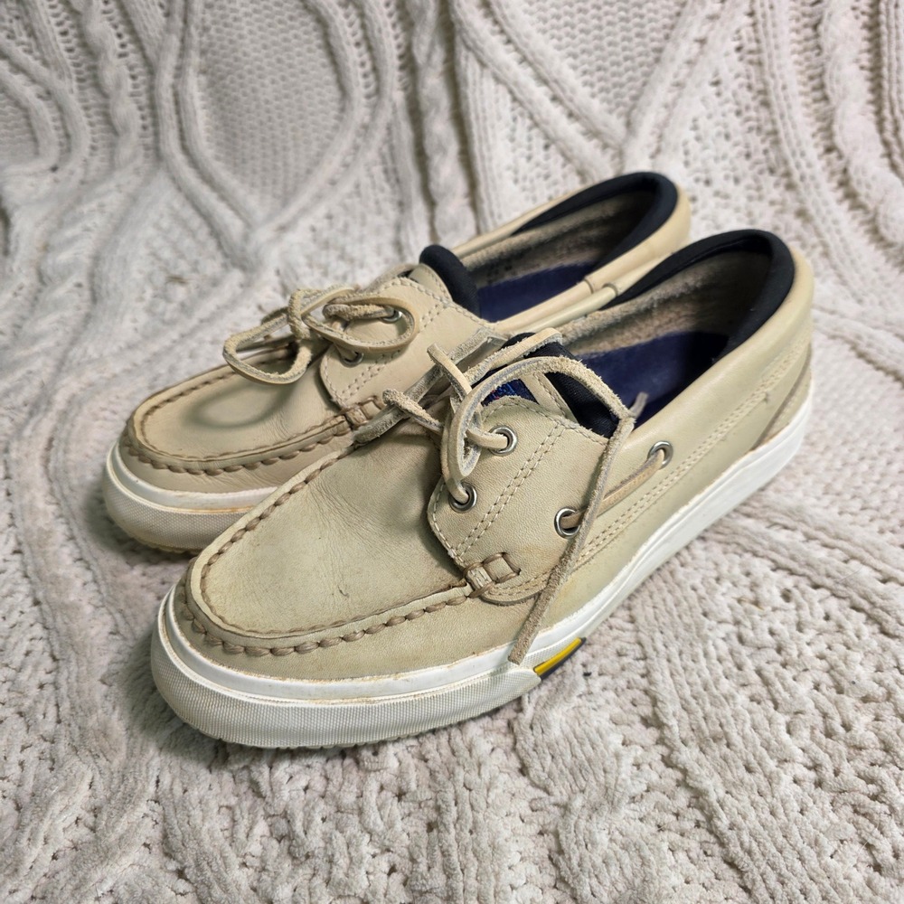Sebago Docksides Boat Shoes Beige Leather Lace Up Womens 6.5 Good